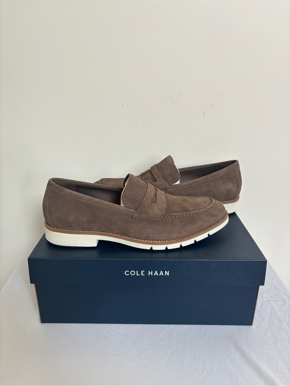 Cole Haan Flexgrand+ Penny Loafers Men 11M Truffle Suede Ivory Slip on shoes New